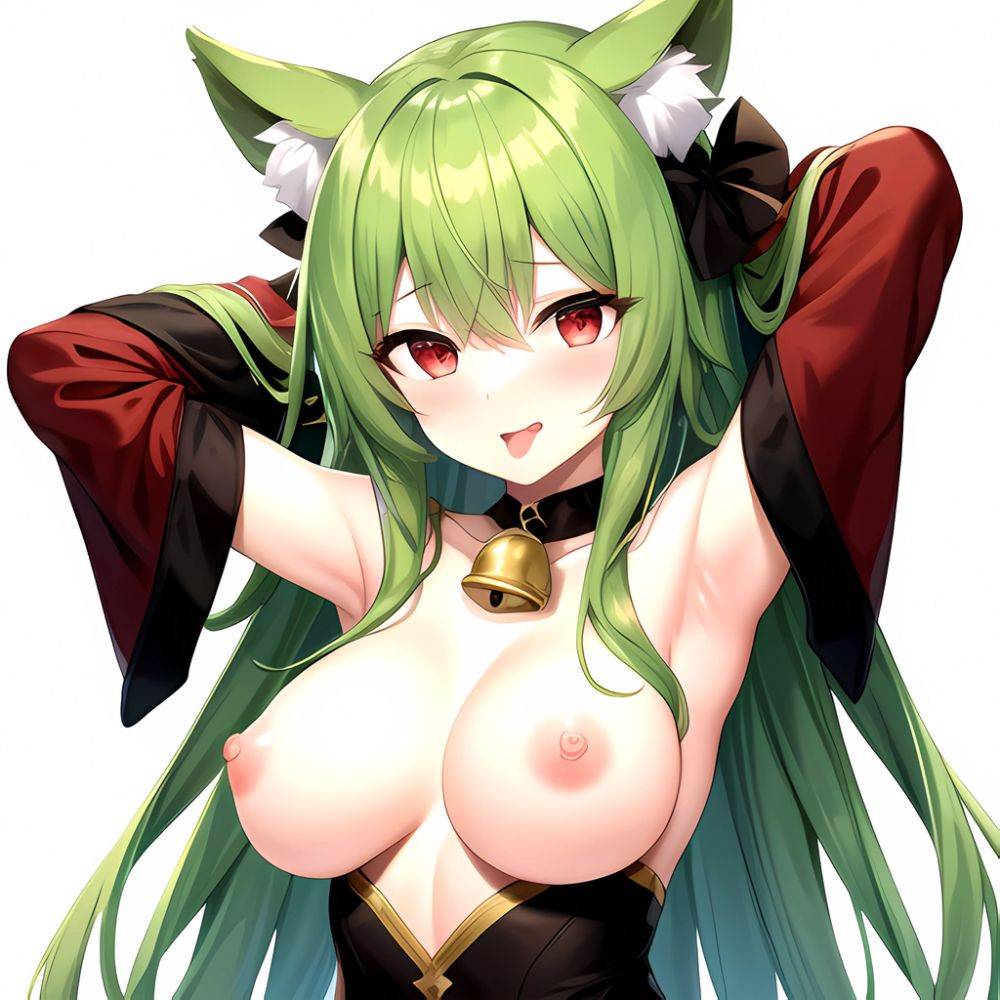 1girl Animal Ear Fluff Animal Ears Armpits Arms Behind Head Banshee Last Origin Bell Blush Breasts Chamame Green Hair Highres, 489044330 - AIHentai - #main