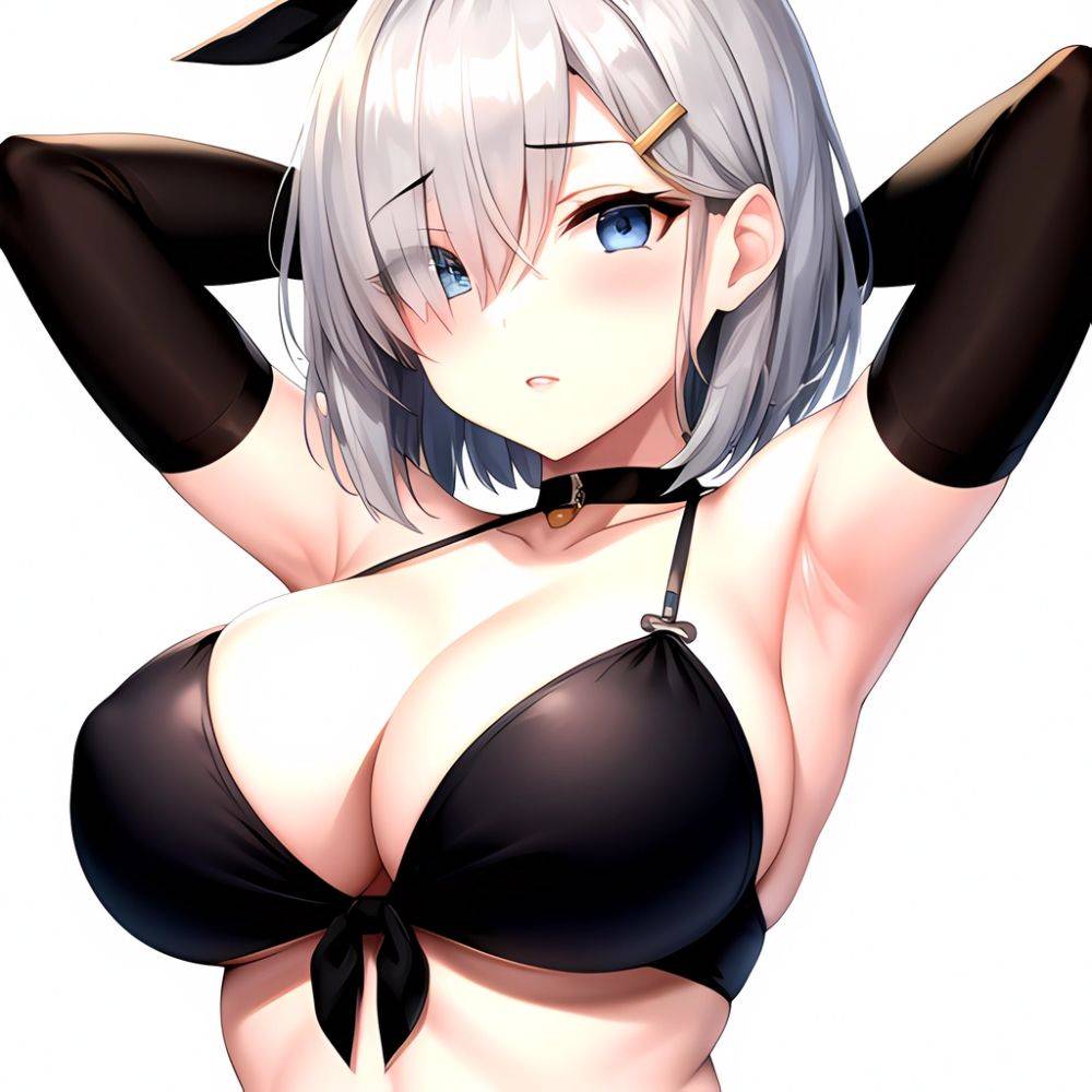 1girl Absurdres Armpits Arms Behind Head Bikini Black Bikini Black Choker Blue Eyes Blush Breasts Choker Cleavage Commentary Req, 2592680911 - AIHentai - #main