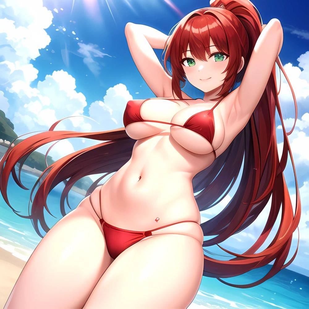 1girl Armpits Arms Behind Head Arms Up Bikini Breasts Closed Mouth Collarbone Covered Nipples Day Green Eyes Highres Jung Freud, 1040407749 - AIHentai - #main