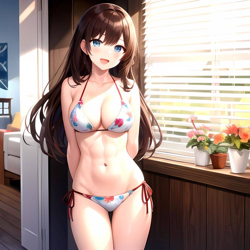 1girl D Abs Alternate Costume Arms Behind Back Asymmetrical Hair Bikini Blue Eyes Blush Breasts Brown Hair Cleavage Collarbone F, 2043654237 - AIHentai - #main