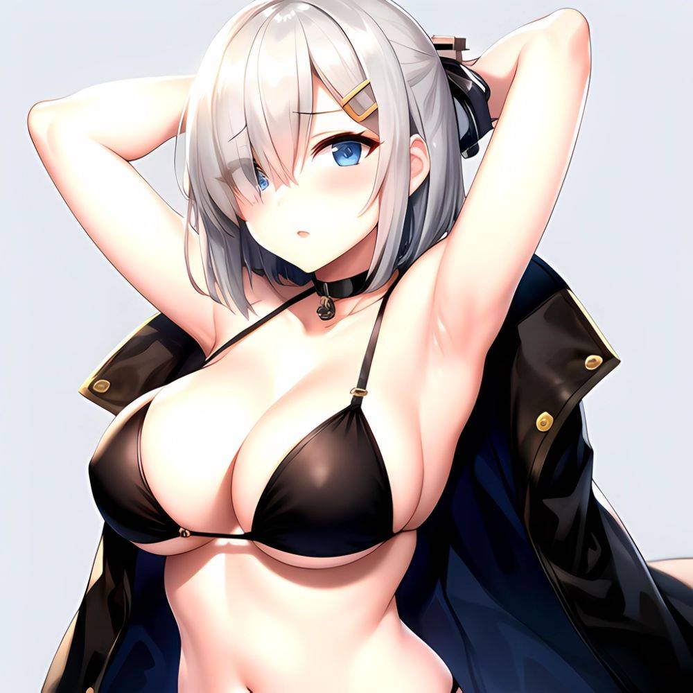 1girl Absurdres Armpits Arms Behind Head Bikini Black Bikini Black Choker Blue Eyes Blush Breasts Choker Cleavage Commentary Req, 2412329541 - AIHentai - #main