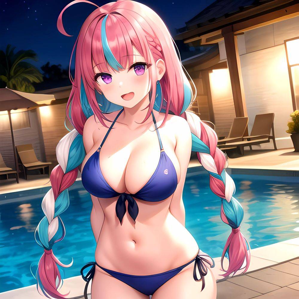 1girl Ahoge Bare Shoulders Bikini Blue Bikini Blue Hair Blush Braid Breasts Cleavage Colored Inner Hair Front Tie Bikini Top, 3660391782 - AIHentai - #main