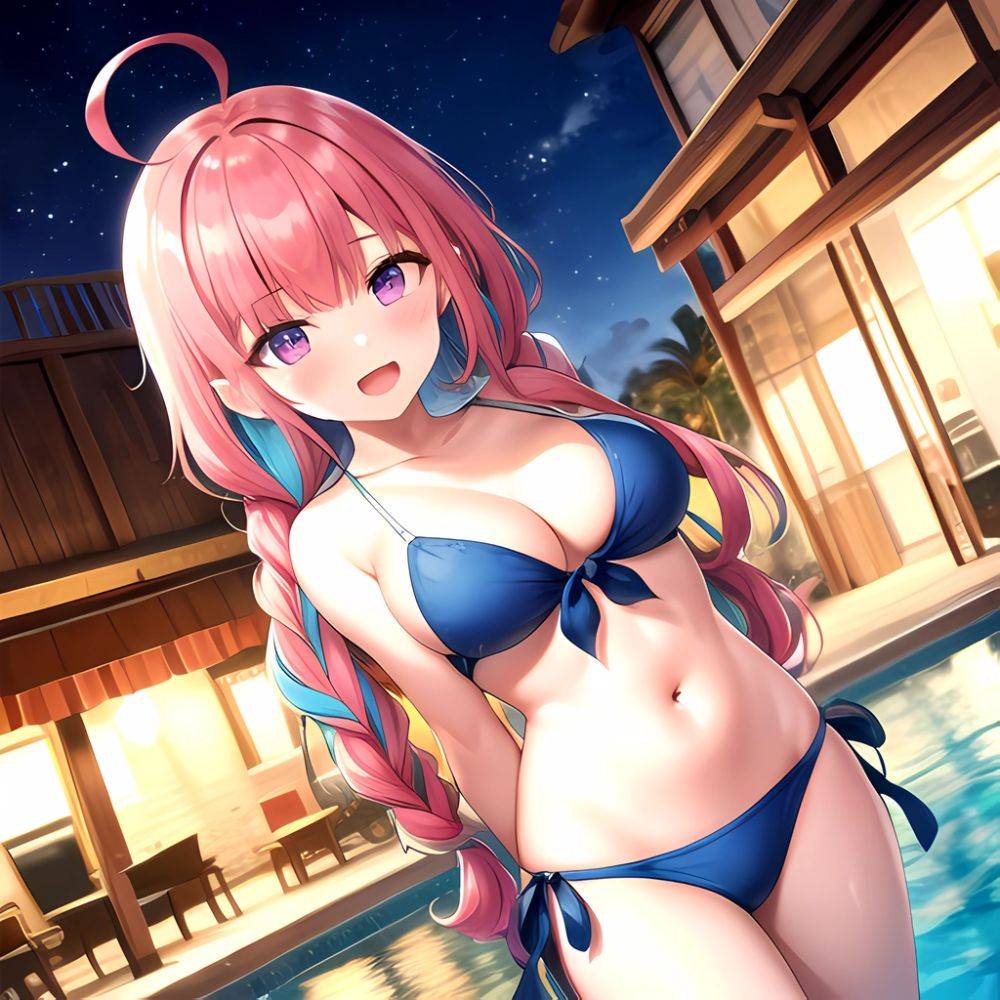 1girl Ahoge Bare Shoulders Bikini Blue Bikini Blue Hair Blush Braid Breasts Cleavage Colored Inner Hair Front Tie Bikini Top, 972404358 - AIHentai - #main