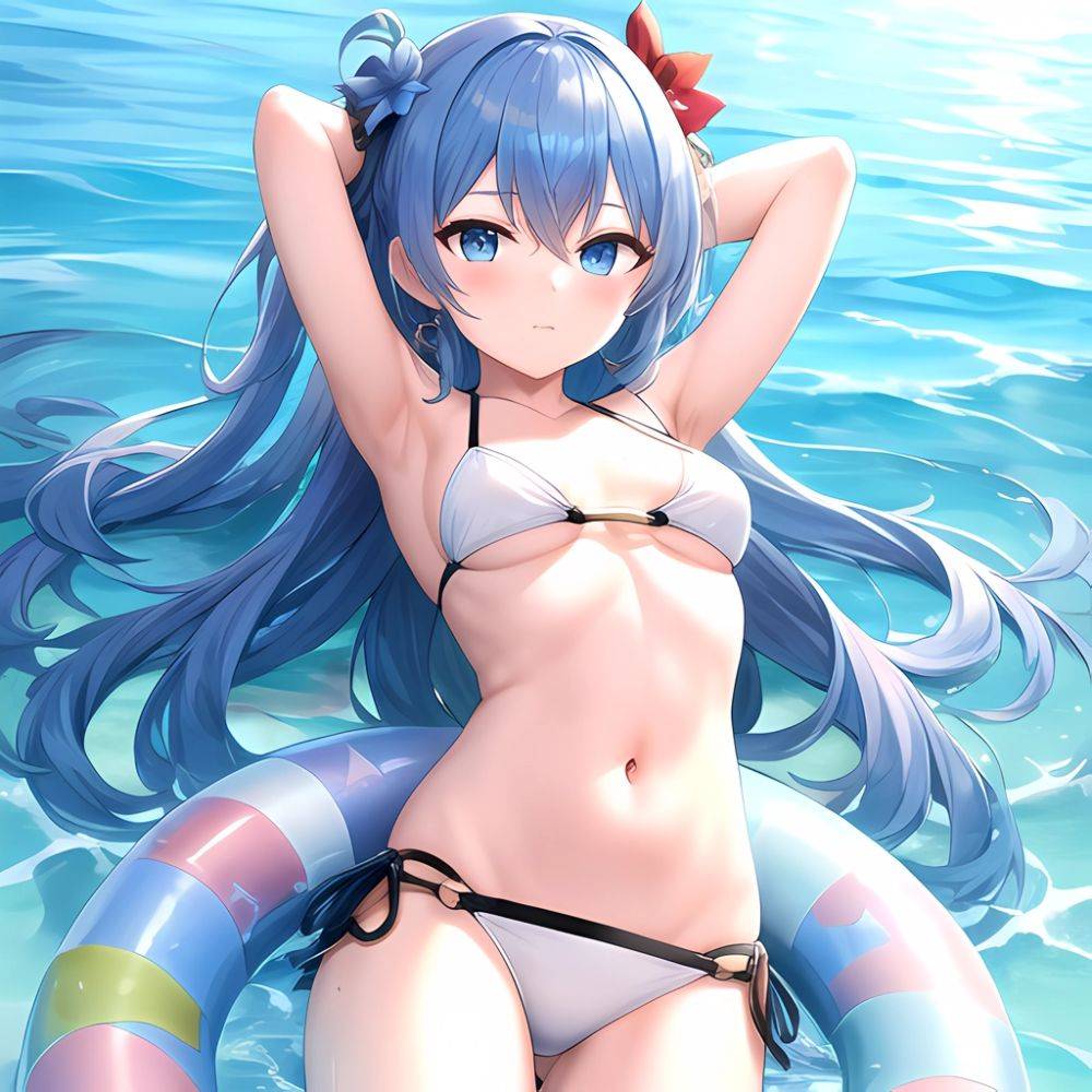 1girl Absurdres Arms Behind Head Bikini Blue Eyes Blue Hair Breasts Closed Mouth Hair Between Eyes Highres Hololive Hoshimachi S, 3488136660 - AIHentai - #main