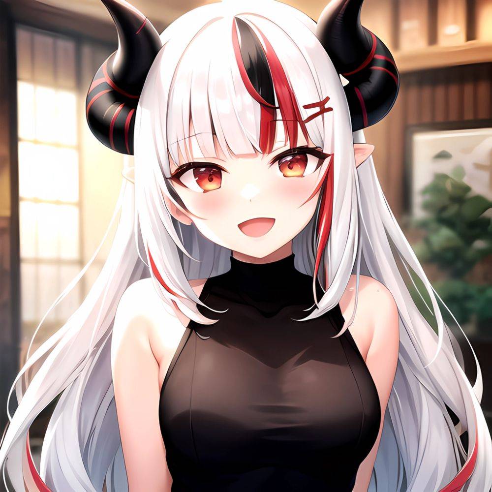 1girl Hololive Horns Long Hair Multicolored Hair Nakiri Ayame Open Mouth Smile Solo Streaked Hair Tonton Utaro White Hair Arms, 650766457 - AIHentai - #main
