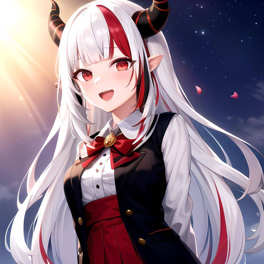 1girl Hololive Horns Long Hair Multicolored Hair Nakiri Ayame Open Mouth Smile Solo Streaked Hair Tonton Utaro White Hair Arms, 42151628 - AIHentai - #main