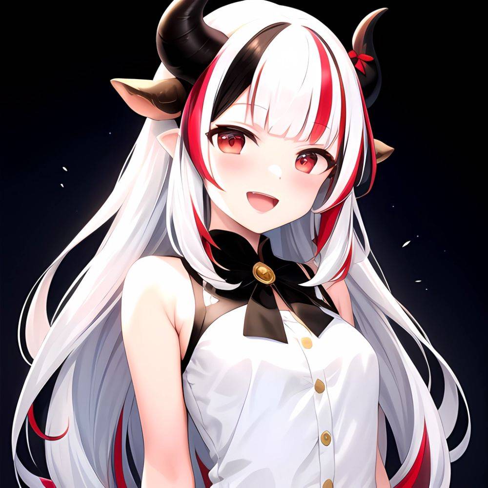 1girl Hololive Horns Long Hair Multicolored Hair Nakiri Ayame Open Mouth Smile Solo Streaked Hair Tonton Utaro White Hair Arms, 3238424 - AIHentai - #main