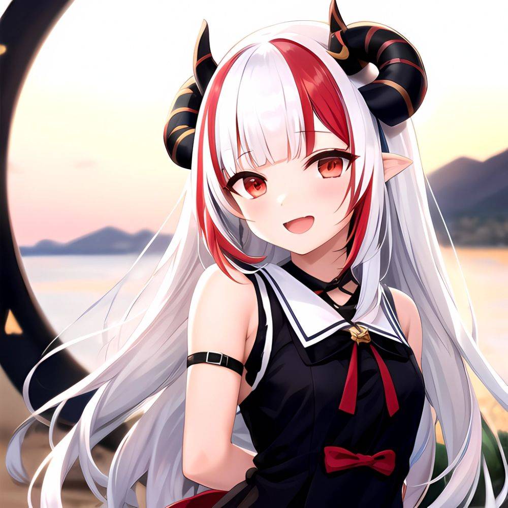 1girl Hololive Horns Long Hair Multicolored Hair Nakiri Ayame Open Mouth Smile Solo Streaked Hair Tonton Utaro White Hair Arms, 174338012 - AIHentai - #main