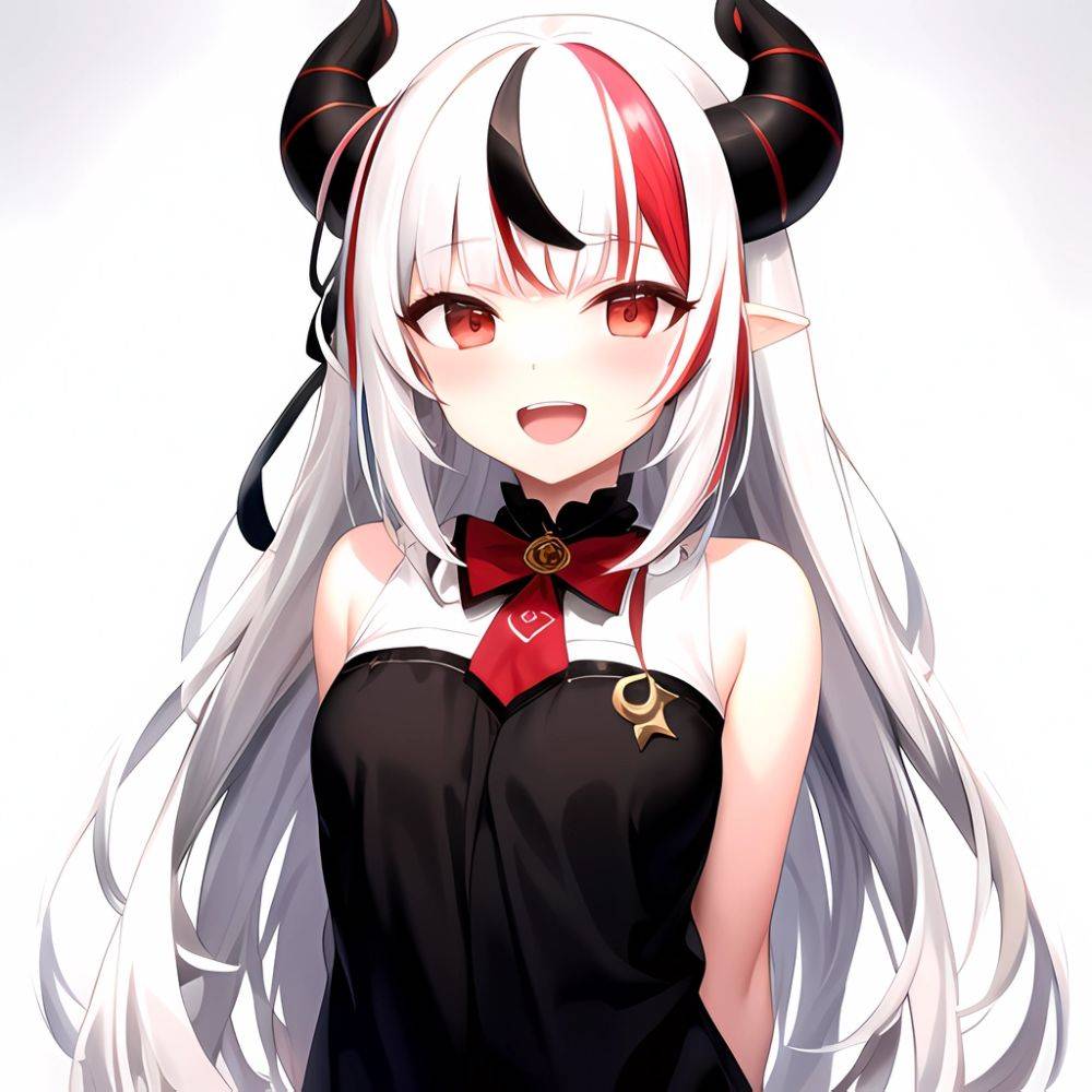 1girl Hololive Horns Long Hair Multicolored Hair Nakiri Ayame Open Mouth Smile Solo Streaked Hair Tonton Utaro White Hair Arms, 268331030 - AIHentai - #main