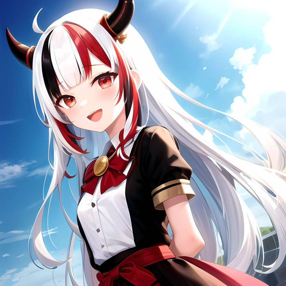 1girl Hololive Horns Long Hair Multicolored Hair Nakiri Ayame Open Mouth Smile Solo Streaked Hair Tonton Utaro White Hair Arms, 1572031893 - AIHentai - #main