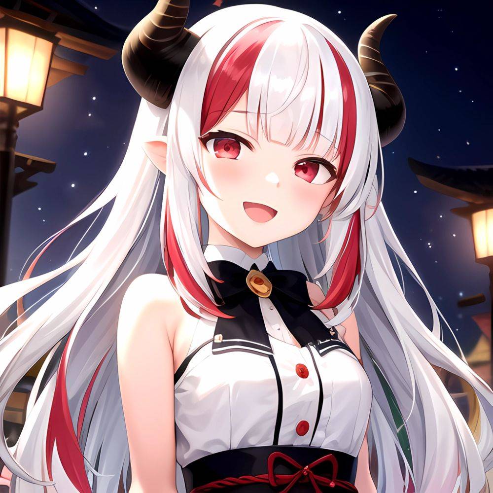 1girl Hololive Horns Long Hair Multicolored Hair Nakiri Ayame Open Mouth Smile Solo Streaked Hair Tonton Utaro White Hair Arms, 268835823 - AIHentai - #main
