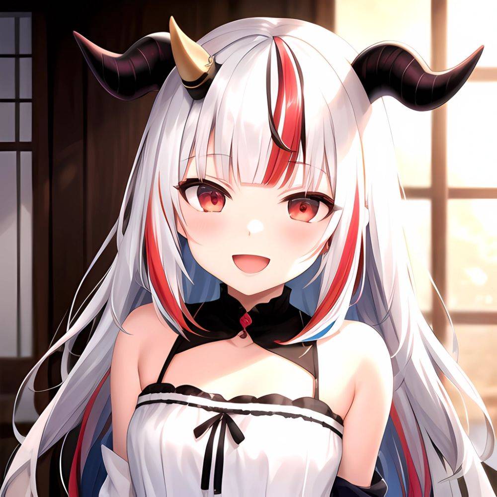 1girl Hololive Horns Long Hair Multicolored Hair Nakiri Ayame Open Mouth Smile Solo Streaked Hair Tonton Utaro White Hair Arms, 1570695124 - AIHentai - #main