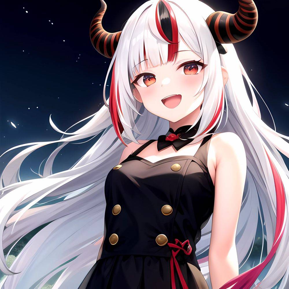 1girl Hololive Horns Long Hair Multicolored Hair Nakiri Ayame Open Mouth Smile Solo Streaked Hair Tonton Utaro White Hair Arms, 1423117323 - AIHentai - #main