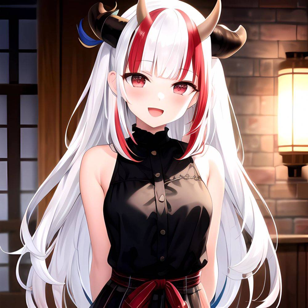 1girl Hololive Horns Long Hair Multicolored Hair Nakiri Ayame Open Mouth Smile Solo Streaked Hair Tonton Utaro White Hair Arms, 1237462377 - AIHentai - #main