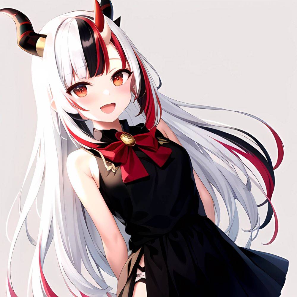 1girl Hololive Horns Long Hair Multicolored Hair Nakiri Ayame Open Mouth Smile Solo Streaked Hair Tonton Utaro White Hair Arms, 2526225655 - AIHentai - #main