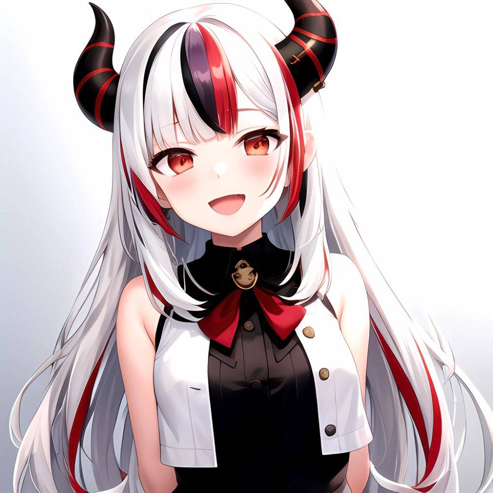 1girl Hololive Horns Long Hair Multicolored Hair Nakiri Ayame Open Mouth Smile Solo Streaked Hair Tonton Utaro White Hair Arms, 2084478325 - AIHentai - #main