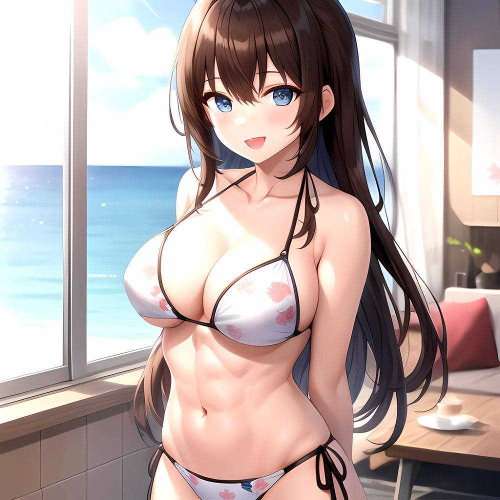 1girl D Abs Alternate Costume Arms Behind Back Asymmetrical Hair Bikini Blue Eyes Blush Breasts Brown Hair Cleavage Collarbone F, 1967658425 - AIHentai - #main