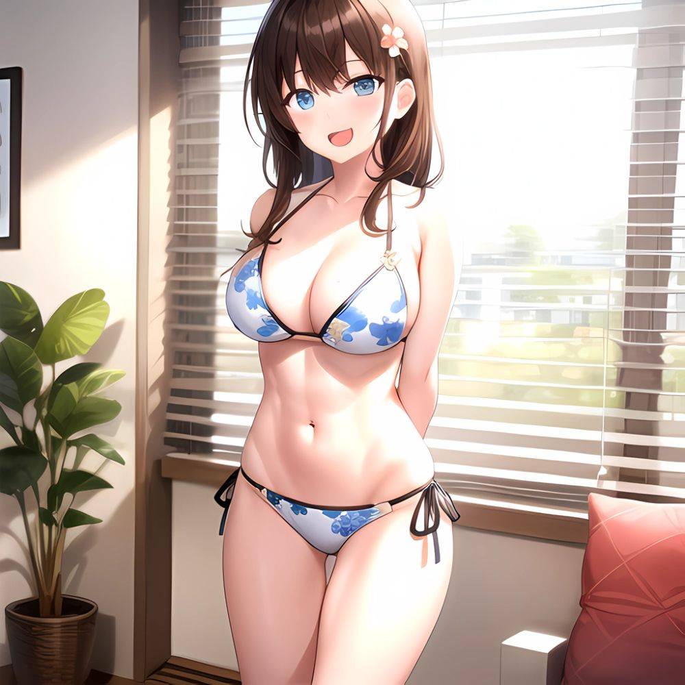 1girl D Abs Alternate Costume Arms Behind Back Asymmetrical Hair Bikini Blue Eyes Blush Breasts Brown Hair Cleavage Collarbone F, 3784325343 - AIHentai - #main