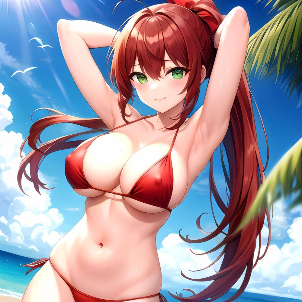 1girl Armpits Arms Behind Head Bikini Breasts Closed Mouth Collarbone Covered Nipples Day Green Eyes Highres Jung Freud Large Br, 3192632096 - AIHentai - #main
