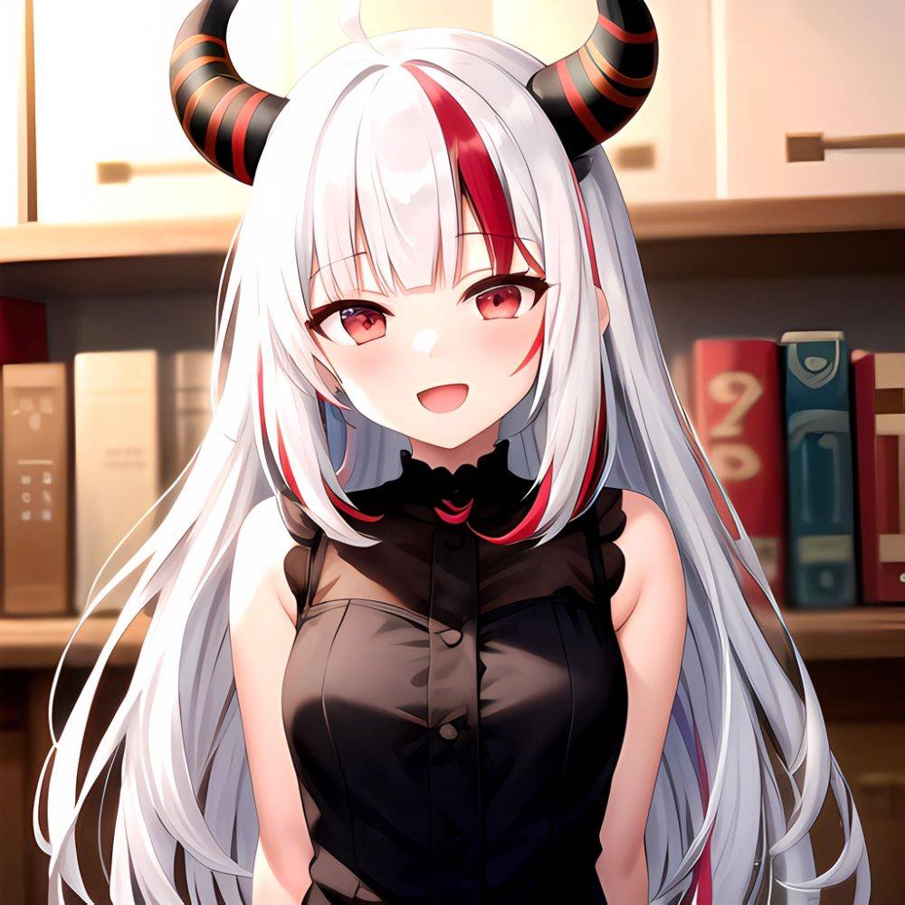 1girl Hololive Horns Long Hair Multicolored Hair Nakiri Ayame Open Mouth Smile Solo Streaked Hair Tonton Utaro White Hair Arms, 3755613774 - AIHentai - #main