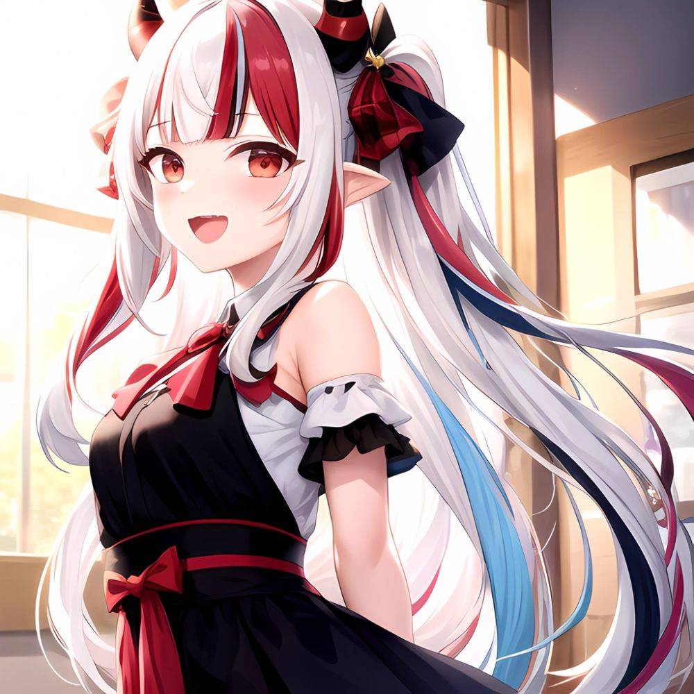 1girl Hololive Horns Long Hair Multicolored Hair Nakiri Ayame Open Mouth Smile Solo Streaked Hair Tonton Utaro White Hair Arms, 2540735040 - AIHentai - #main