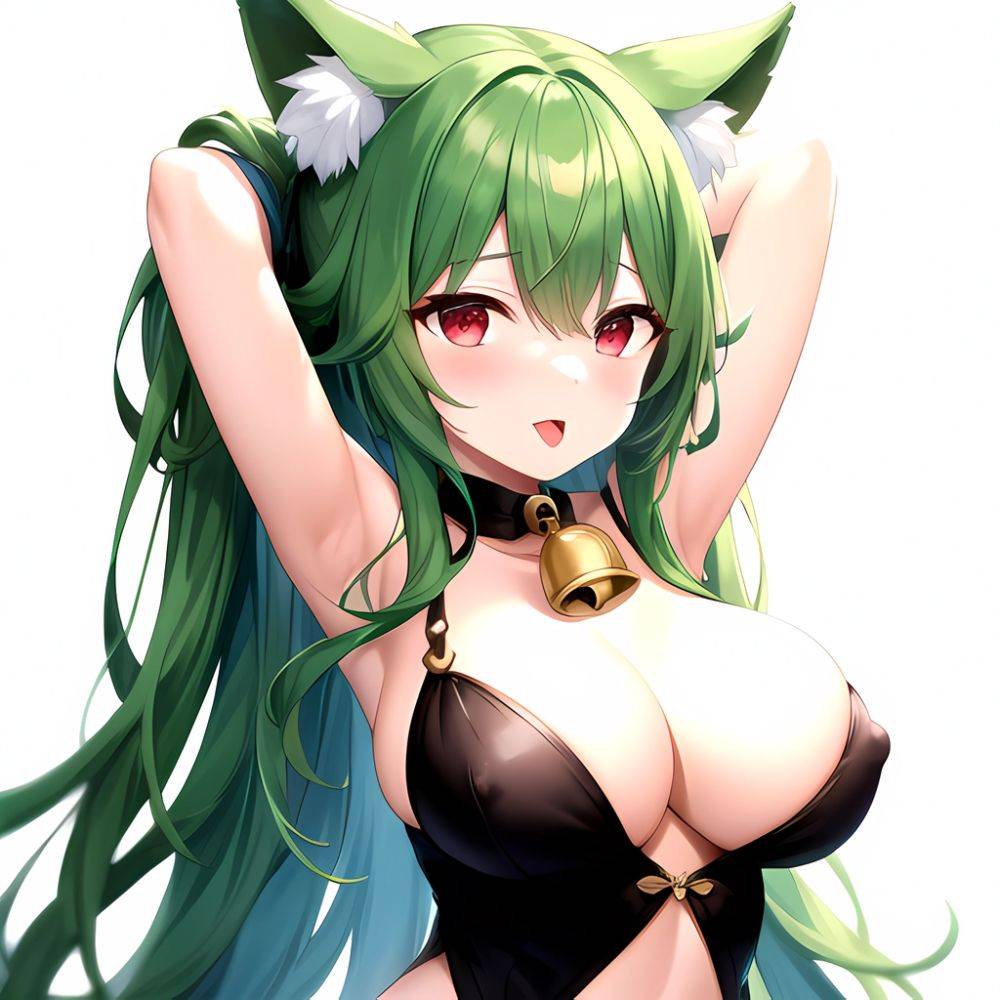 1girl Animal Ear Fluff Animal Ears Armpits Arms Behind Head Banshee Last Origin Bell Blush Breasts Chamame Green Hair Highres, 3982931935 - AIHentai - #main