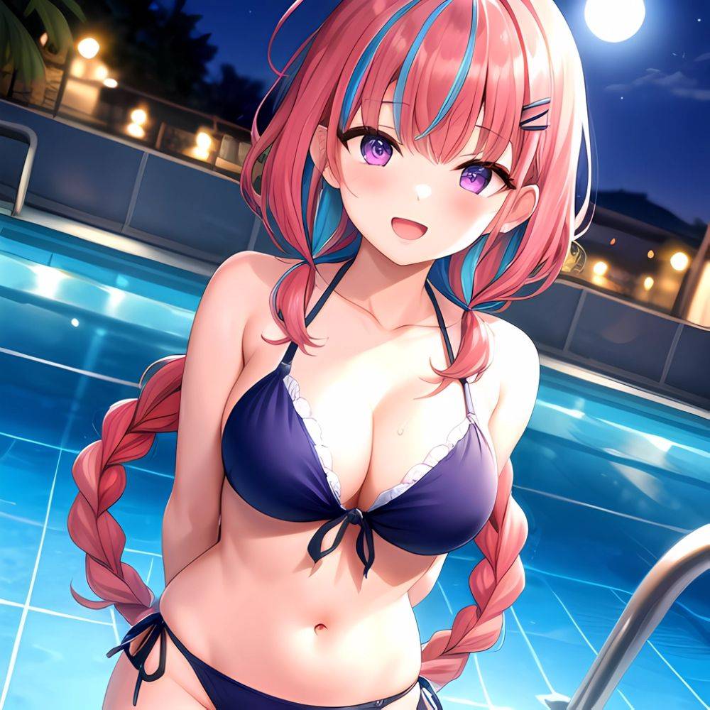 1girl Ahoge Bare Shoulders Bikini Blue Bikini Blue Hair Blush Braid Breasts Cleavage Colored Inner Hair Front Tie Bikini Top, 3356272856 - AIHentai - #main