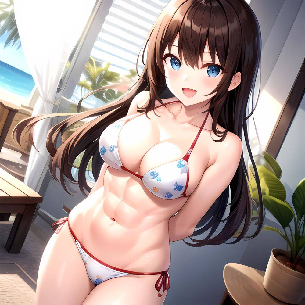1girl D Abs Alternate Costume Arms Behind Back Asymmetrical Hair Bikini Blue Eyes Blush Breasts Brown Hair Cleavage Collarbone F, 2348881703 - AIHentai - #main