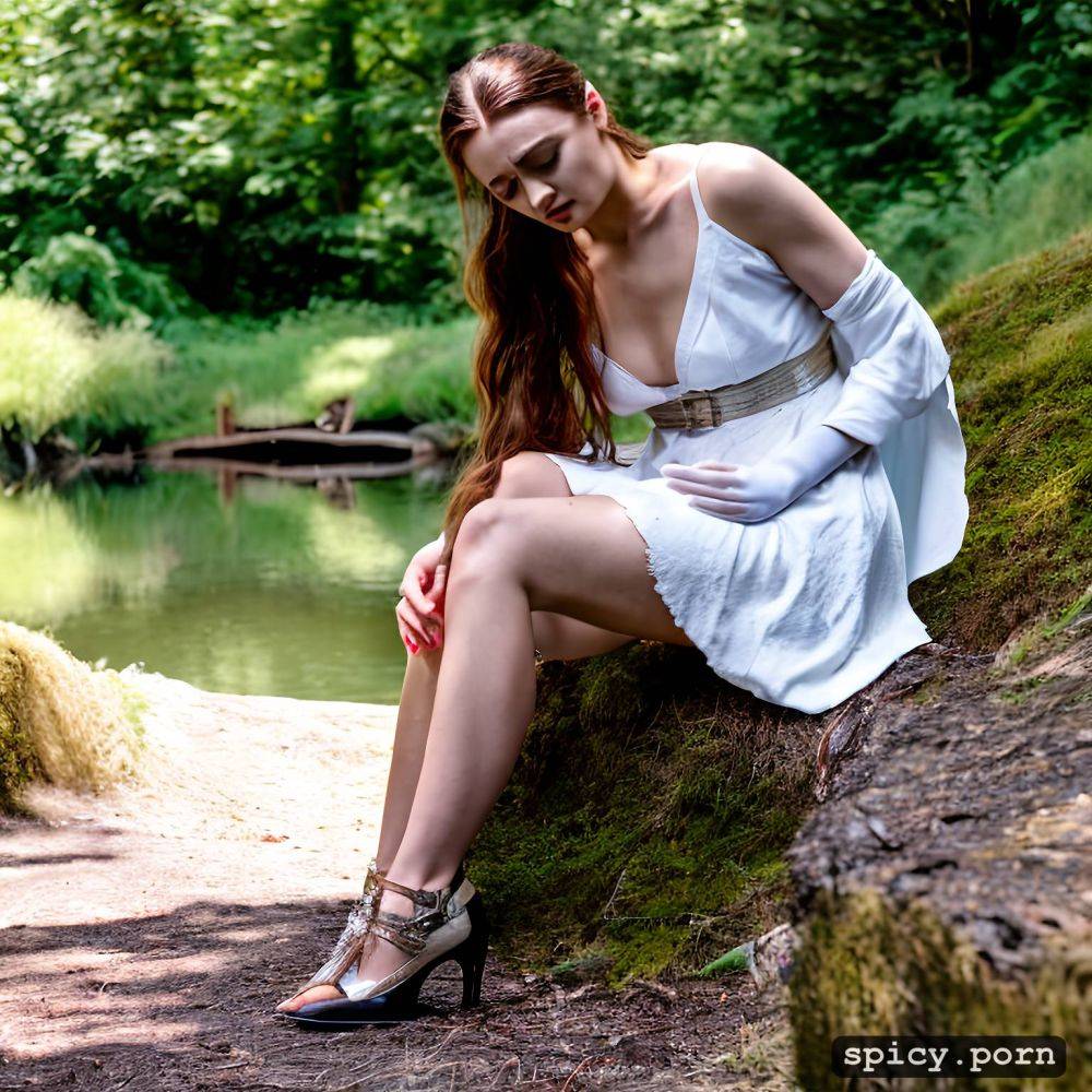 pretty face, in summery woods near a pond, white woman, arya stark pisses on sansa stark - #main