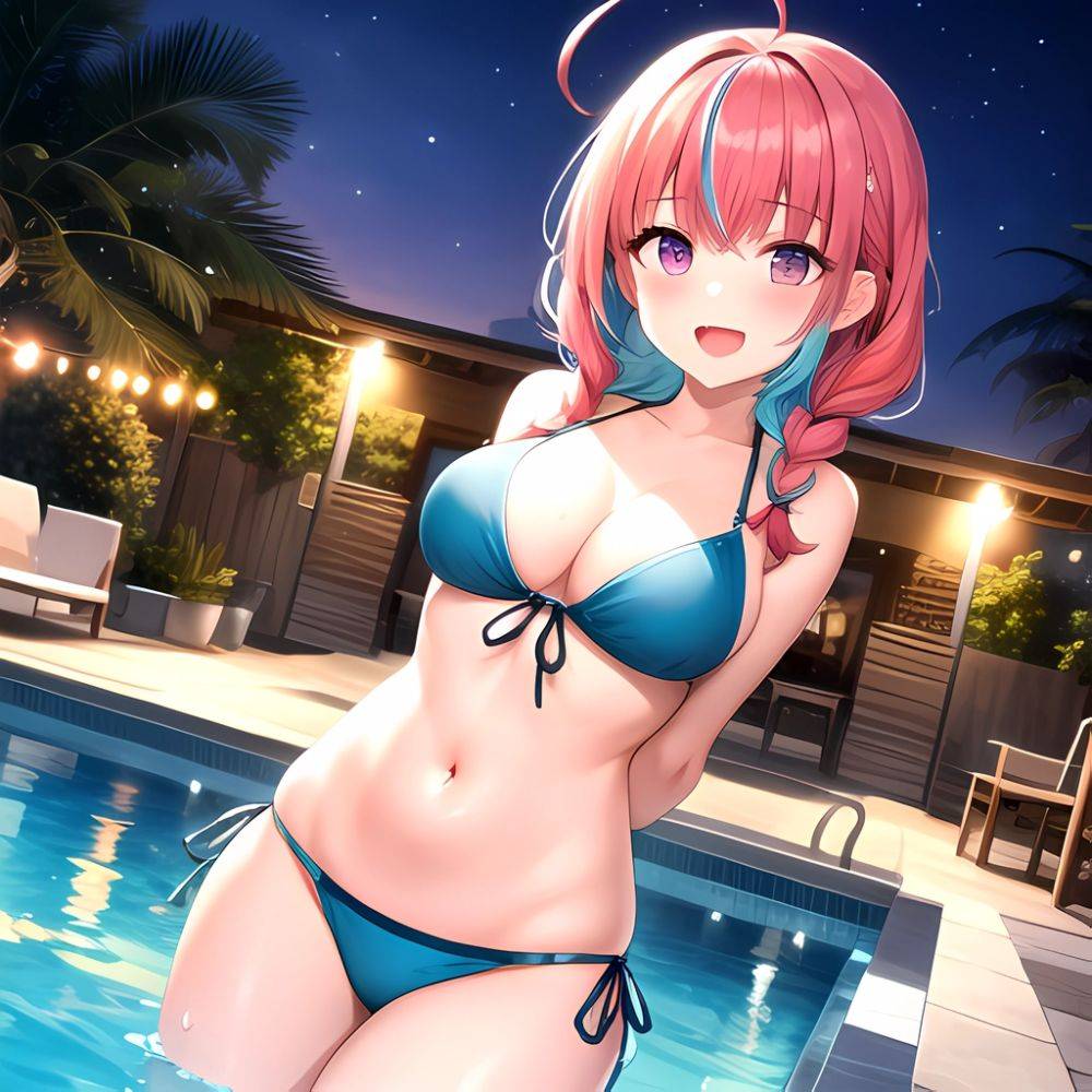 1girl Ahoge Bare Shoulders Bikini Blue Bikini Blue Hair Blush Braid Breasts Cleavage Colored Inner Hair Front Tie Bikini Top, 3117196694 - AIHentai - #main
