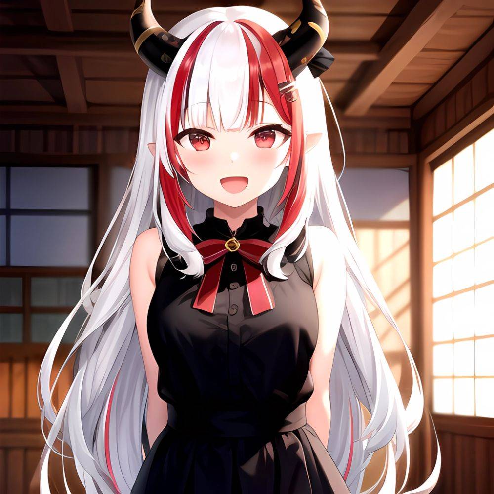 1girl Hololive Horns Long Hair Multicolored Hair Nakiri Ayame Open Mouth Smile Solo Streaked Hair Tonton Utaro White Hair Arms, 2059070706 - AIHentai - #main