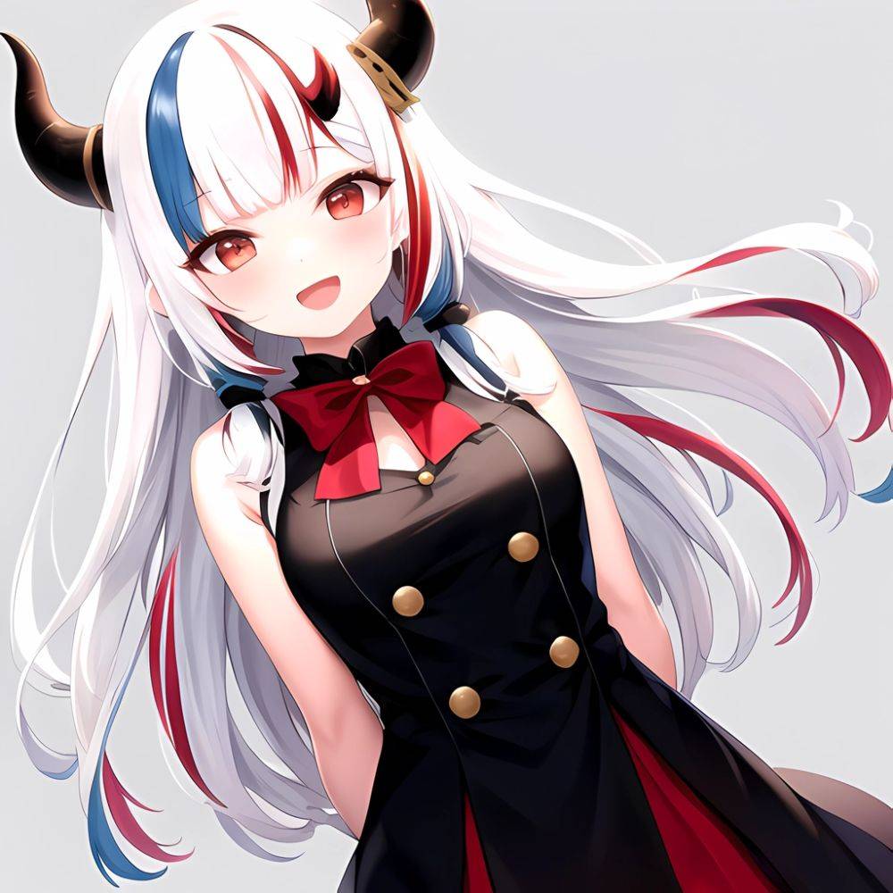 1girl Hololive Horns Long Hair Multicolored Hair Nakiri Ayame Open Mouth Smile Solo Streaked Hair Tonton Utaro White Hair Arms, 2354673025 - AIHentai - #main