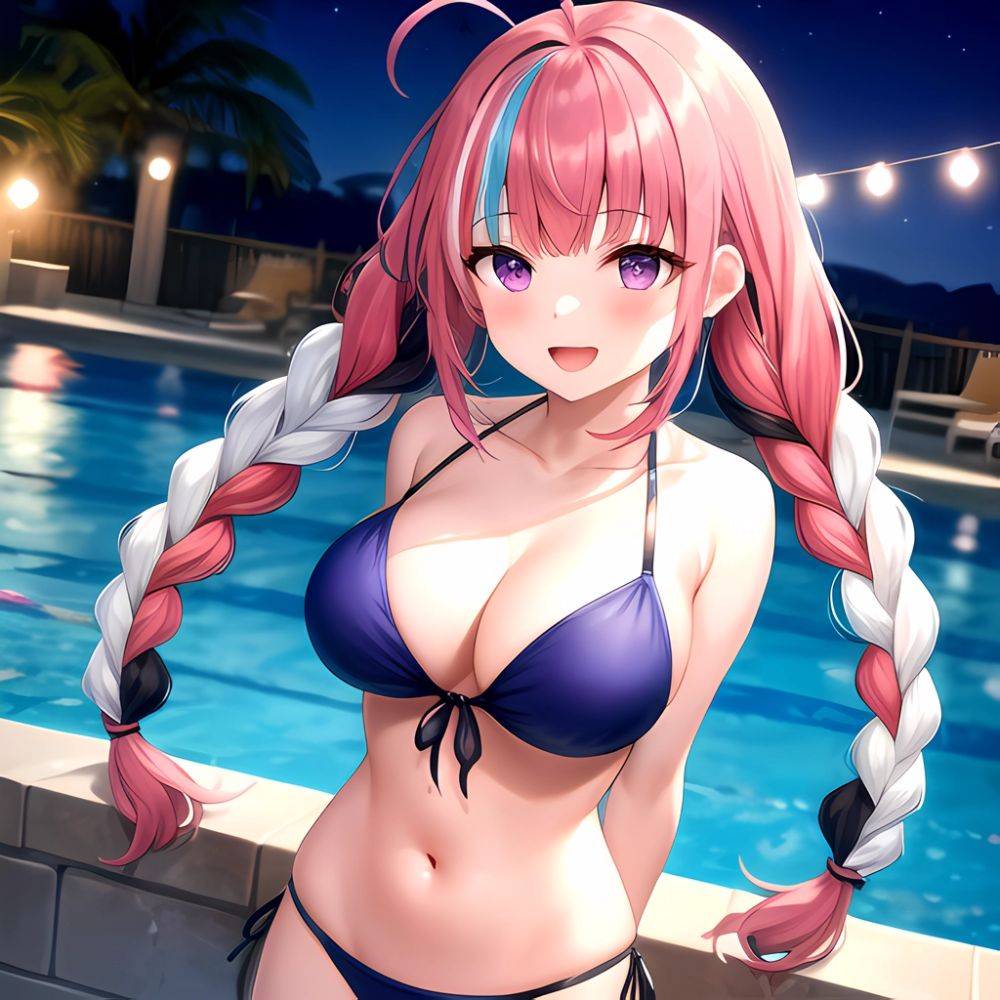 1girl Ahoge Bare Shoulders Bikini Blue Bikini Blue Hair Blush Braid Breasts Cleavage Colored Inner Hair Front Tie Bikini Top, 3914915648 - AIHentai - #main