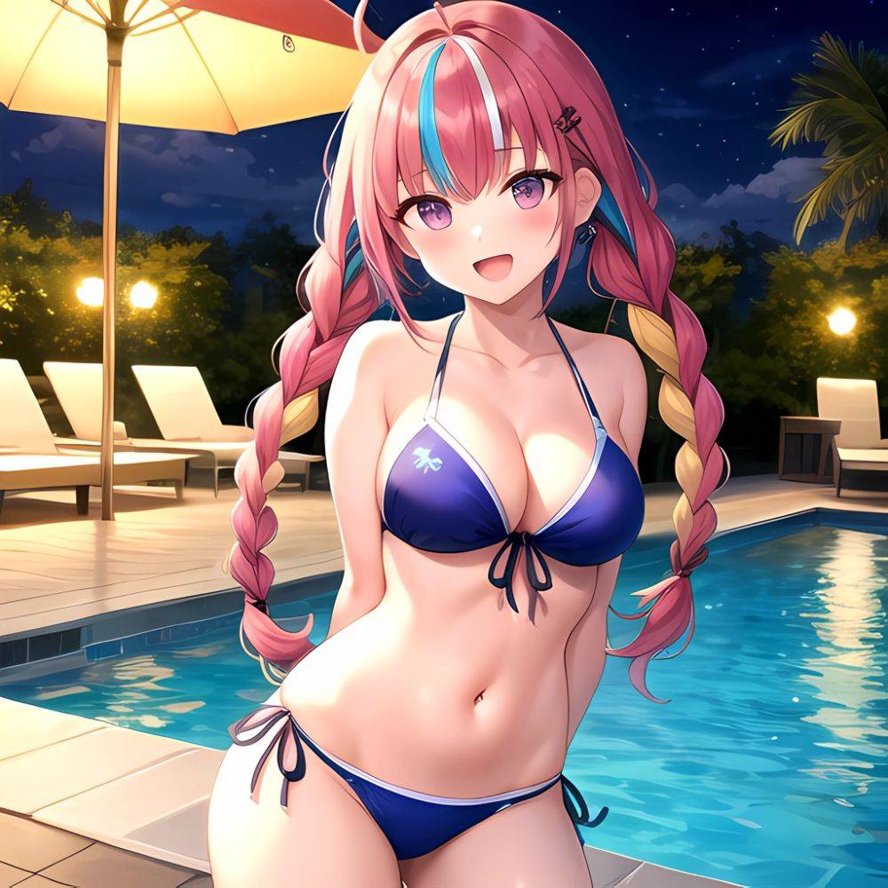 1girl Ahoge Bare Shoulders Bikini Blue Bikini Blue Hair Blush Braid Breasts Cleavage Colored Inner Hair Front Tie Bikini Top, 4177001070 - AIHentai - #main