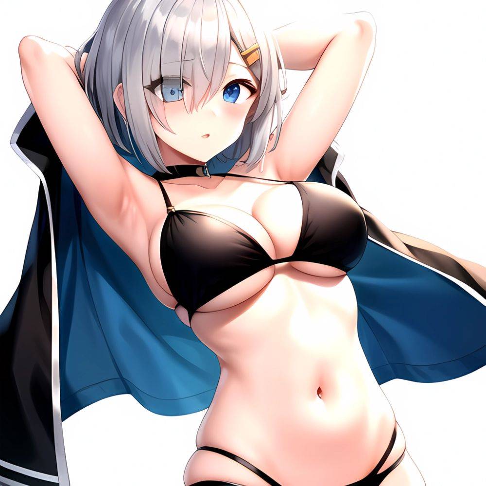 1girl Absurdres Armpits Arms Behind Head Bikini Black Bikini Black Choker Blue Eyes Blush Breasts Choker Cleavage Commentary Req, 3046582058 - AIHentai - #main