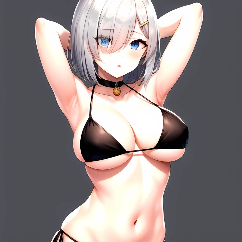 1girl Absurdres Armpits Arms Behind Head Bikini Black Bikini Black Choker Blue Eyes Blush Breasts Choker Cleavage Commentary Req, 2524144698 - AIHentai - #main