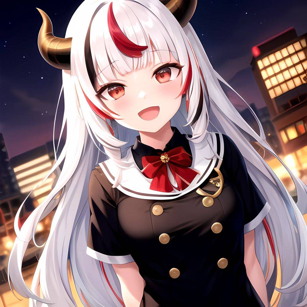 1girl Hololive Horns Long Hair Multicolored Hair Nakiri Ayame Open Mouth Smile Solo Streaked Hair Tonton Utaro White Hair Arms, 4081408745 - AIHentai - #main