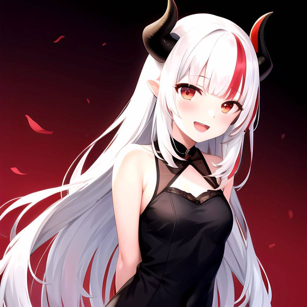 1girl Hololive Horns Long Hair Multicolored Hair Nakiri Ayame Open Mouth Smile Solo Streaked Hair Tonton Utaro White Hair Arms, 3801251643 - AIHentai - #main