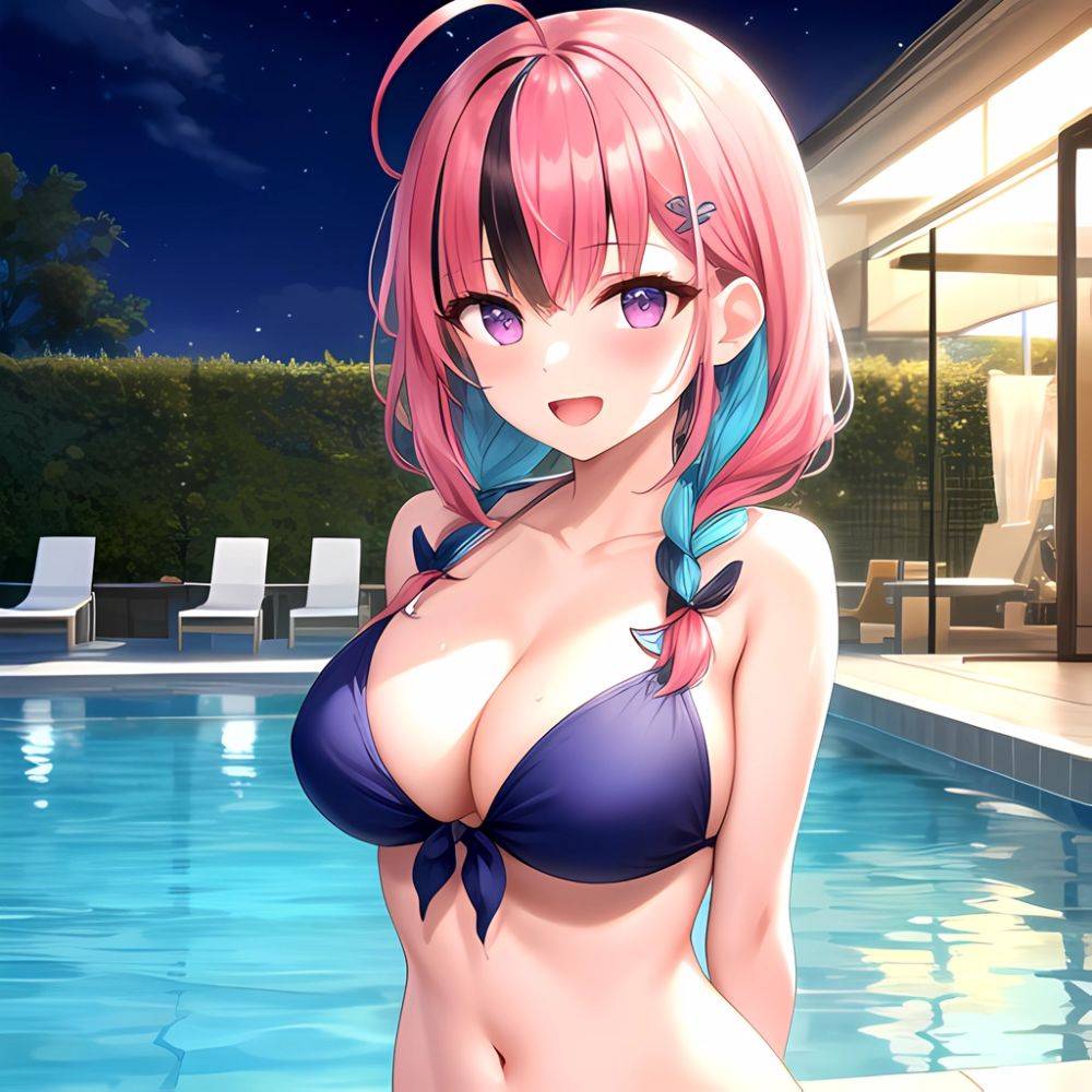 1girl Ahoge Bare Shoulders Bikini Blue Bikini Blue Hair Blush Braid Breasts Cleavage Colored Inner Hair Front Tie Bikini Top, 3023011692 - AIHentai - #main