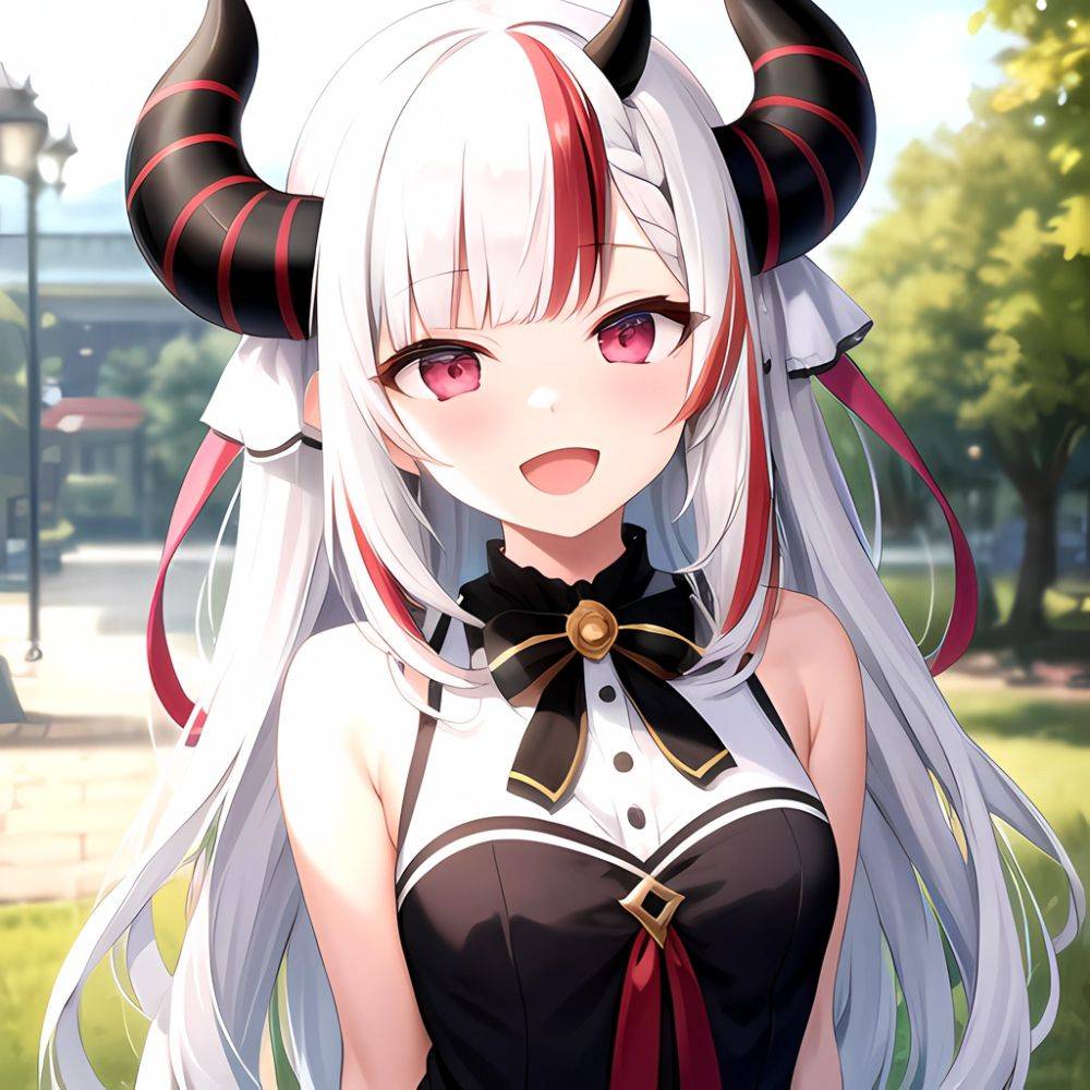 1girl Hololive Horns Long Hair Multicolored Hair Nakiri Ayame Open Mouth Smile Solo Streaked Hair Tonton Utaro White Hair Arms, 3228790604 - AIHentai - #main