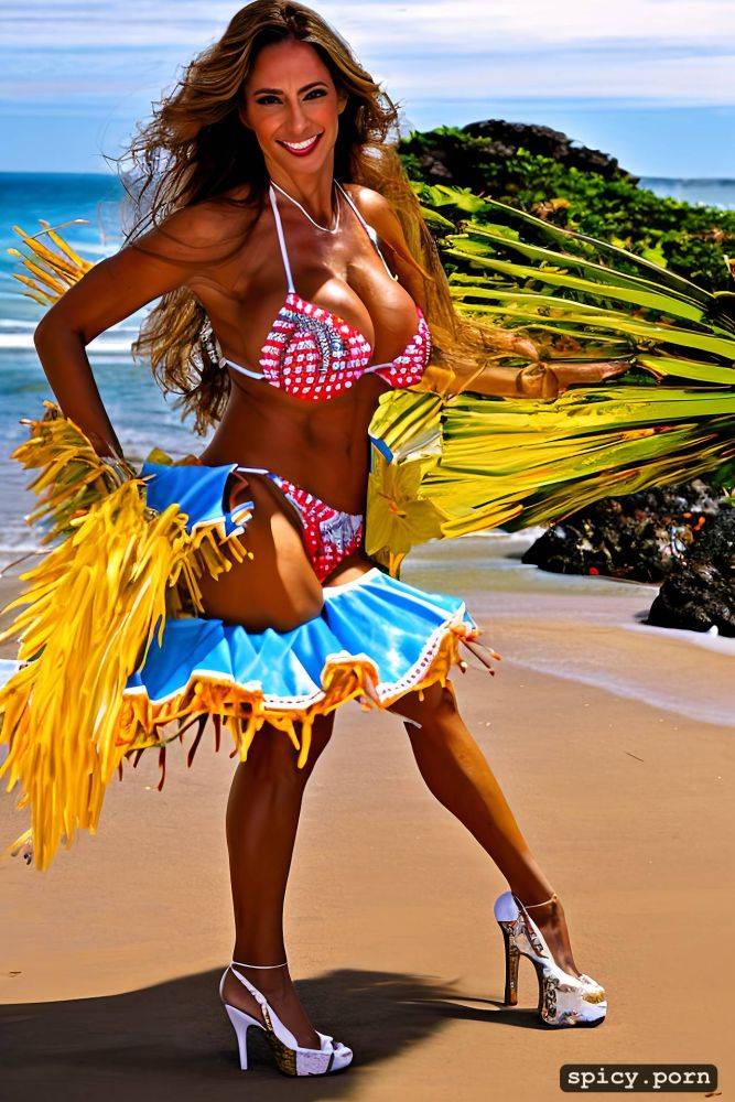 color portrait, long hair, 46 yo beautiful performing white rio carnival dancer at copacabana beach - #main