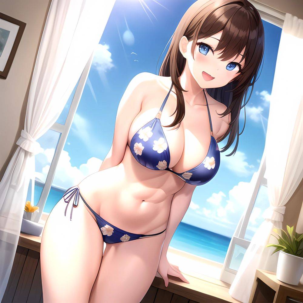 1girl D Abs Alternate Costume Arms Behind Back Asymmetrical Hair Bikini Blue Eyes Blush Breasts Brown Hair Cleavage Collarbone F, 1643486721 - AIHentai - #main