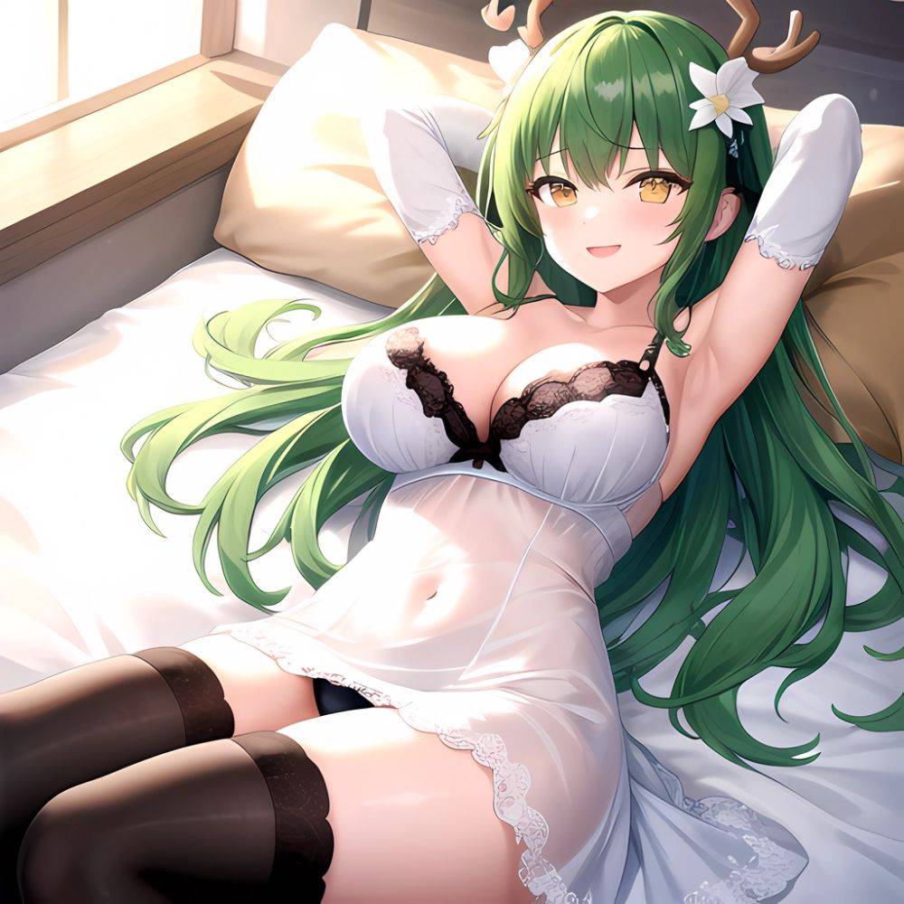 1girl Alternate Costume Antlers Armpits Arms Behind Head Bed Sheet Black Bra Black Thighhighs Bra Branch Breasts Ceres Fauna Cle, 403405335 - AIHentai - #main