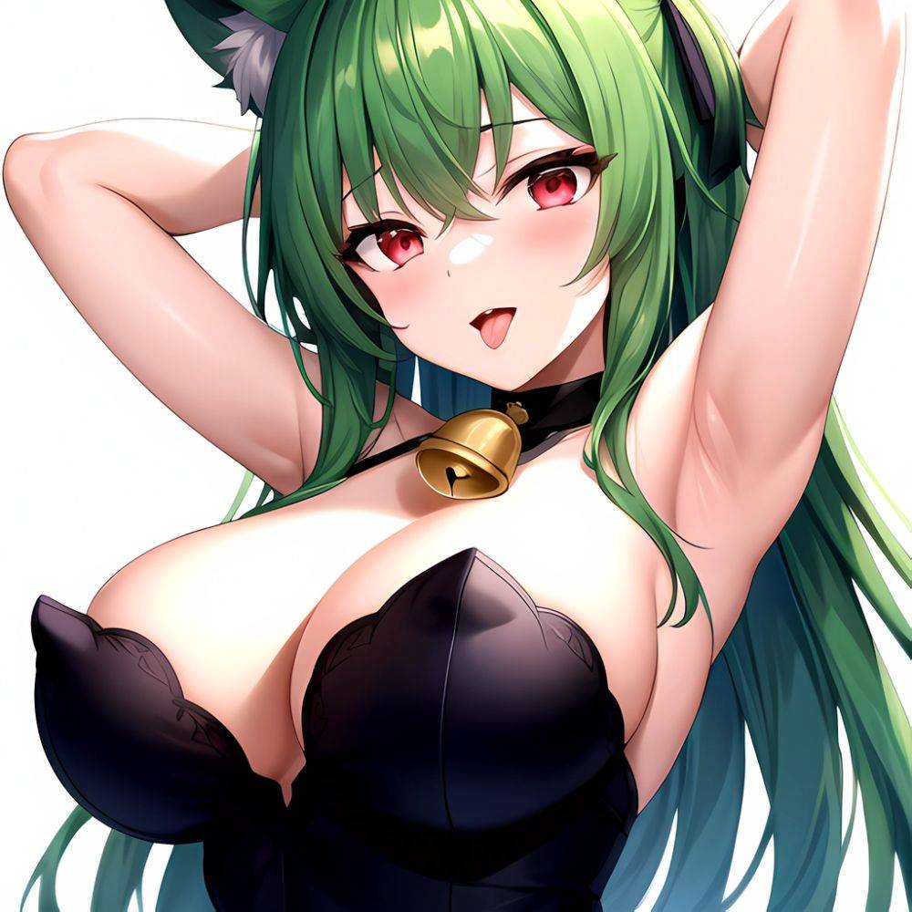 1girl Animal Ear Fluff Animal Ears Armpits Arms Behind Head Banshee Last Origin Bell Blush Breasts Chamame Green Hair Highres, 3187132125 - AIHentai - #main