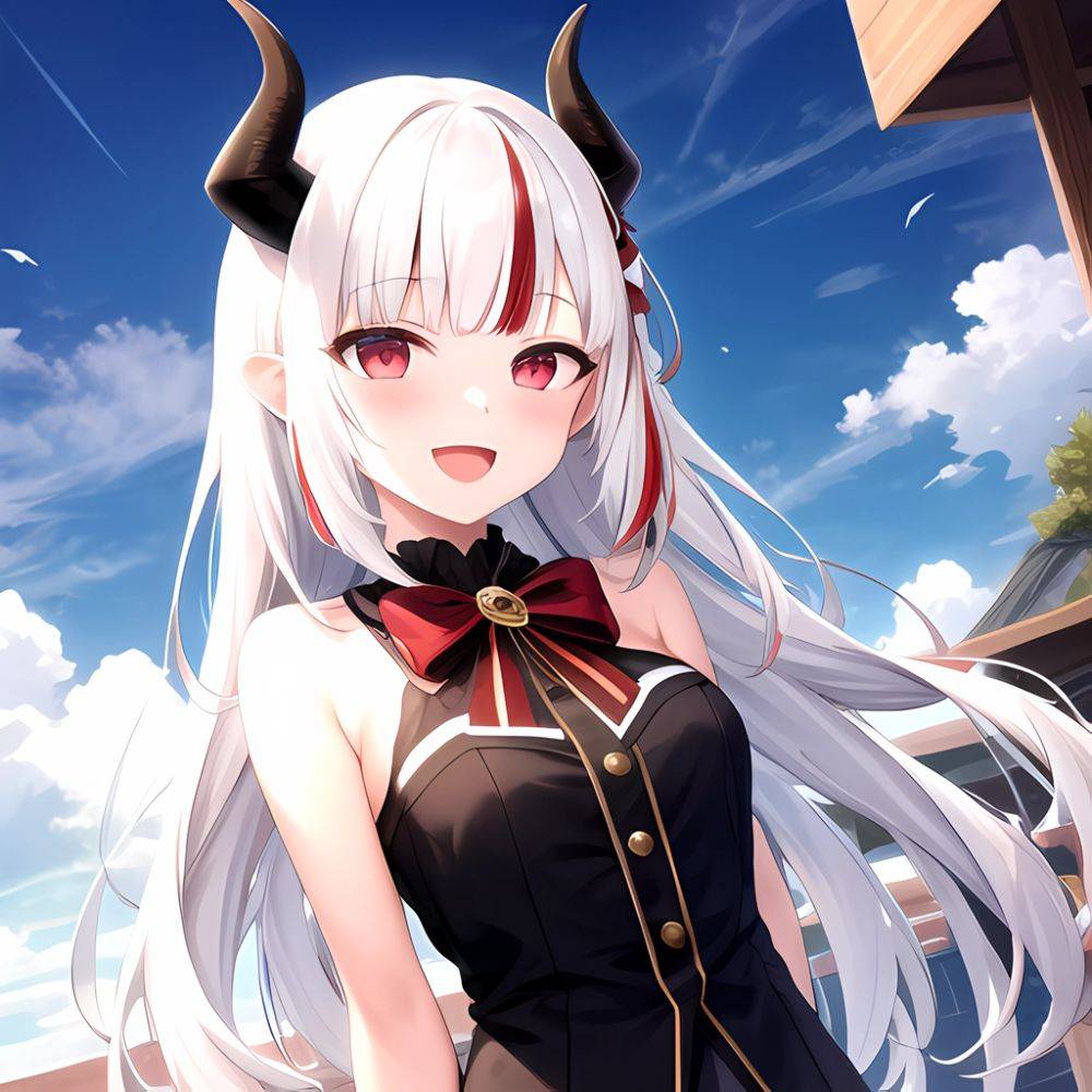 1girl Hololive Horns Long Hair Multicolored Hair Nakiri Ayame Open Mouth Smile Solo Streaked Hair Tonton Utaro White Hair Arms, 1659653237 - AIHentai - #main