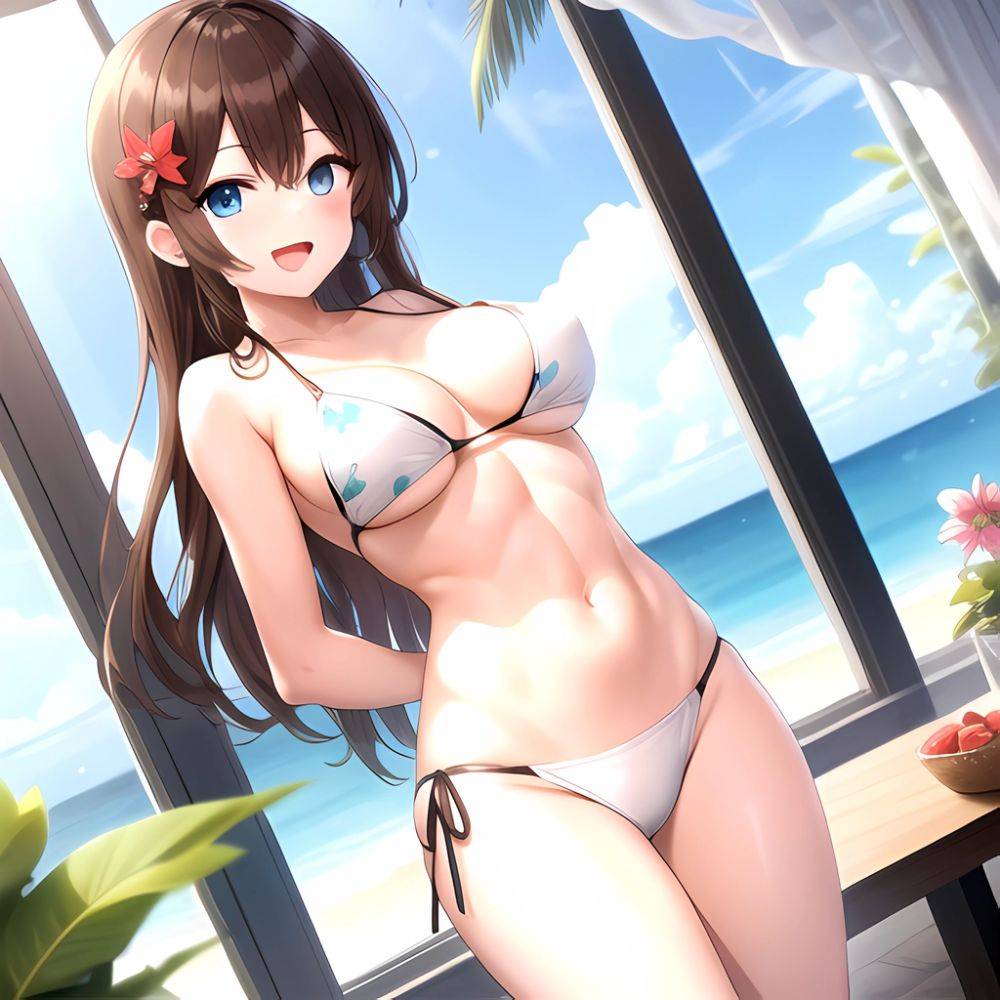 1girl D Abs Alternate Costume Arms Behind Back Asymmetrical Hair Bikini Blue Eyes Blush Breasts Brown Hair Cleavage Collarbone F, 1841032220 - AIHentai - #main
