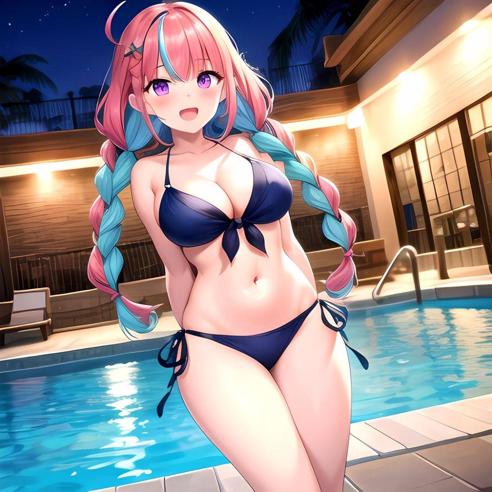 1girl Ahoge Bare Shoulders Bikini Blue Bikini Blue Hair Blush Braid Breasts Cleavage Colored Inner Hair Front Tie Bikini Top, 2589881113 - AIHentai - #main