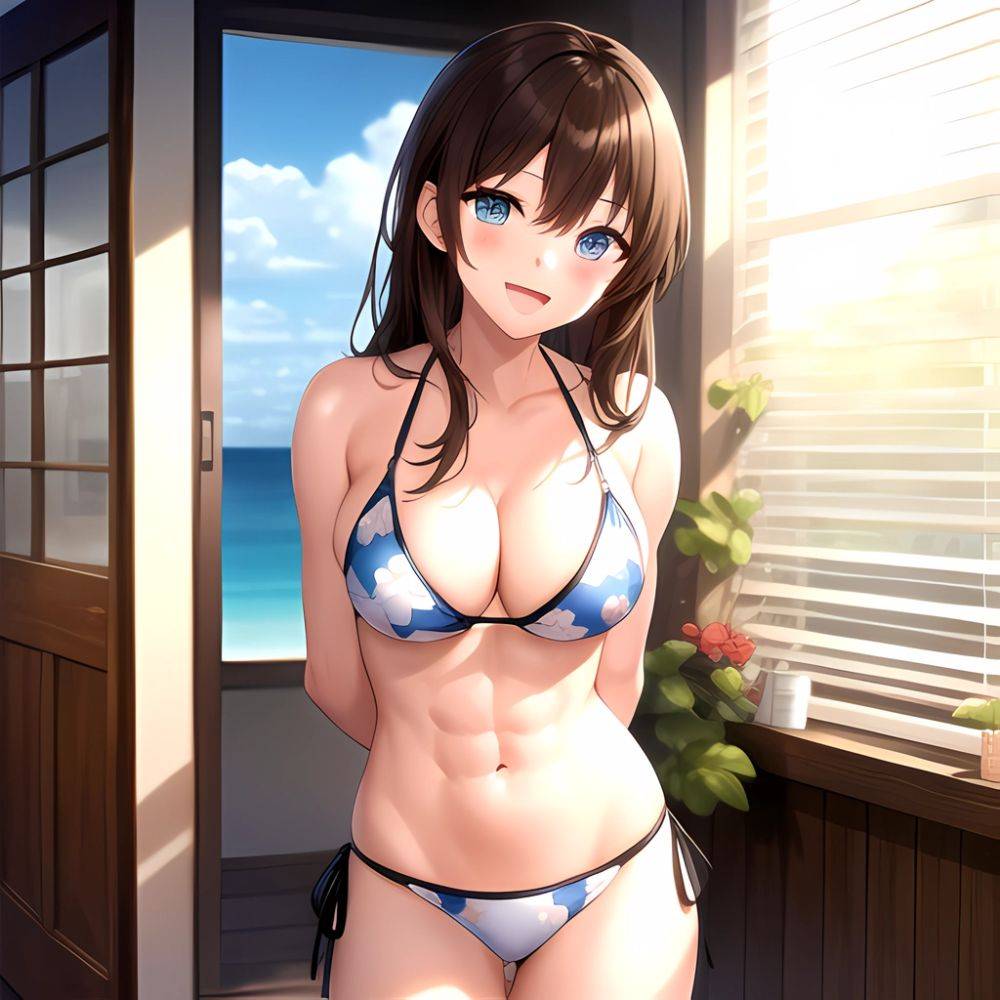 1girl D Abs Alternate Costume Arms Behind Back Asymmetrical Hair Bikini Blue Eyes Blush Breasts Brown Hair Cleavage Collarbone F, 2437127848 - AIHentai - #main