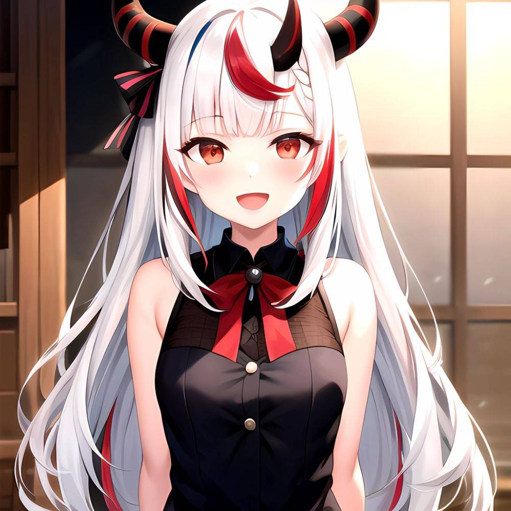 1girl Hololive Horns Long Hair Multicolored Hair Nakiri Ayame Open Mouth Smile Solo Streaked Hair Tonton Utaro White Hair Arms, 2441820121 - AIHentai - #main