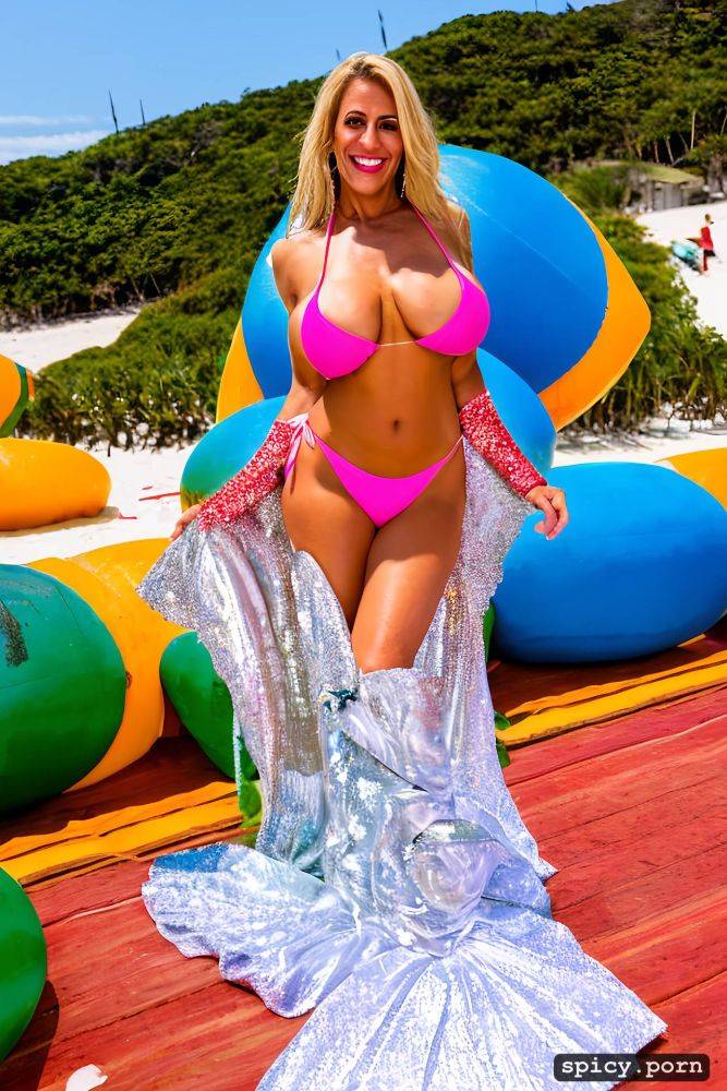 color portrait, long hair, 61 yo beautiful performing white rio carnival dancer at copacabana beach - #main